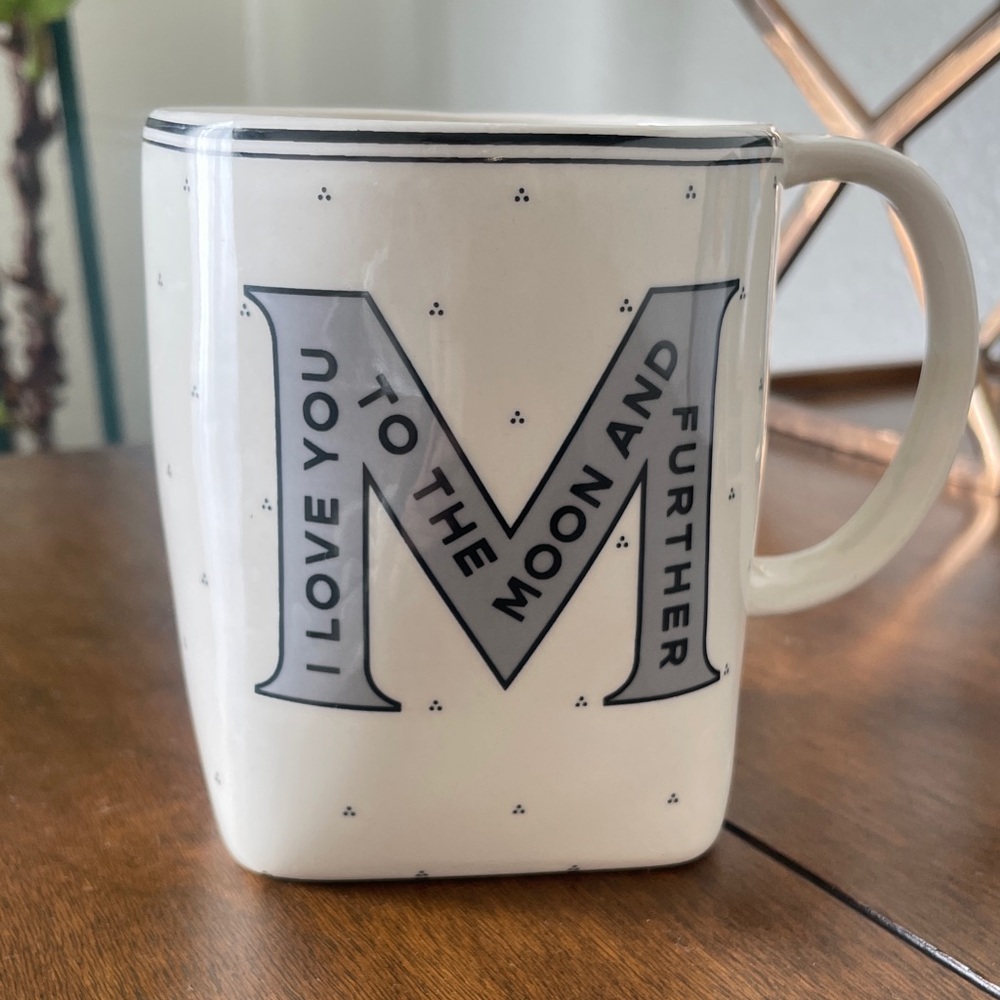 Anthropology White Ceramic 'M' Accent Mug - I Love You to the Moon and Further